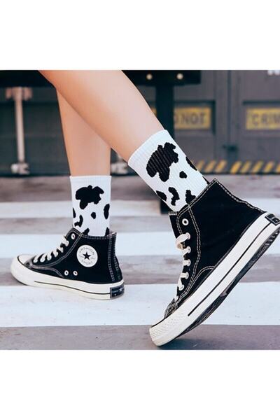 Meguca Socks Kadın Siyah Beyaz Inek Desenli Kolej Çorap Seti 5 Çift