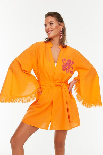 Trendyol Collection Kimono de plajă cu broderie portocalie și caftan de plajă TBESS22KM0045