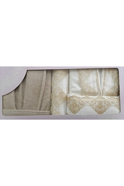 Taç Dantelli Aile Bornoz Seti Espina Ekru Camel