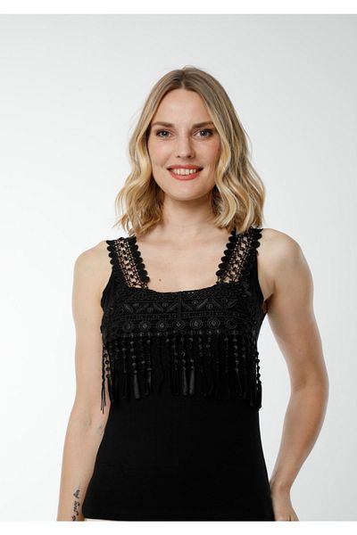 Hmd 3-Piece Women's Black Cotton Undershirt & Chest Section Guipure Detailed Thick Strap & Comfortable Texture