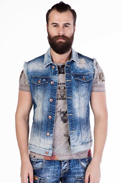 Cipo&Baxx Cw107 Eskimiş Yırtıklı Dikişli Erkek Mavi Kot Yelek