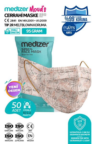 Medizer Meltblown Çizgisel Kadın Desenli Cerrahi Maske - 10'lu 5 Paket
