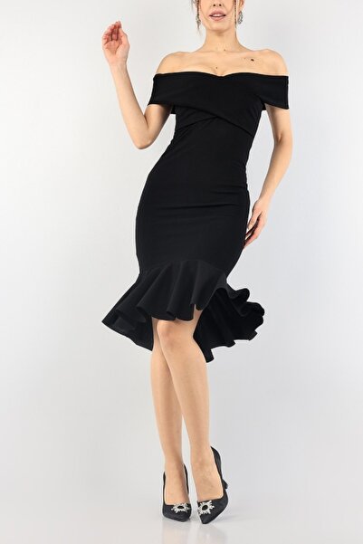 lovebox Μαύρο Φόρεμα Νέας Σεζόν με Λεπτομέρεια Κρεπ Βολάν σε Μήκος Μίντι 086/...