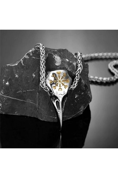 Viking Odin Raven Yellow Vegvisir Embroidered Skull Raven & Braid Chain 316l Steel Necklace