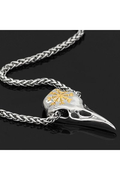 Viking Odin Raven Yellow Vegvisir Embroidered Skull Raven & Braid Chain 316l Steel Necklace
