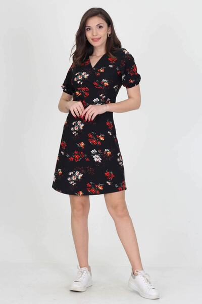 Neşeli Butik Ženska mini haljina Kruvaze izrez Cvetni dezen Pleteno Krep NB10022