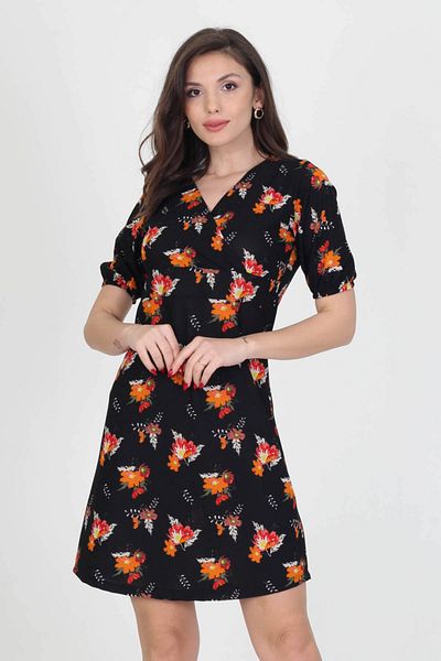 Neşeli Butik Rochie mini din crepon tricotată cu imprimeu floral pentru femei, cu guler dublu, Nb10022