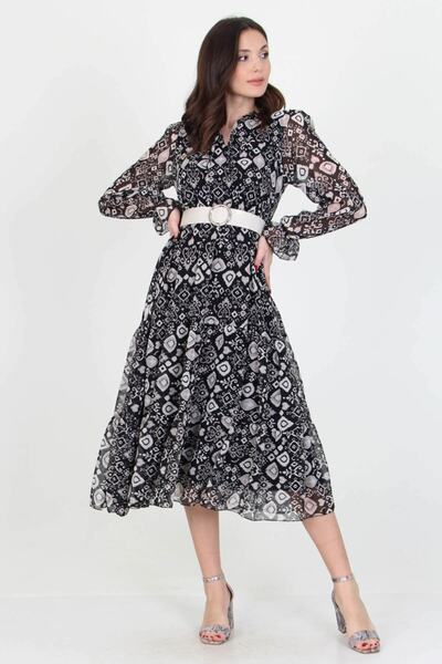 Neşeli Butik Γυναικείο φόρεμα σιφόν με μοτίβο γυναικείο γιακά με κορδόνια Rssn02