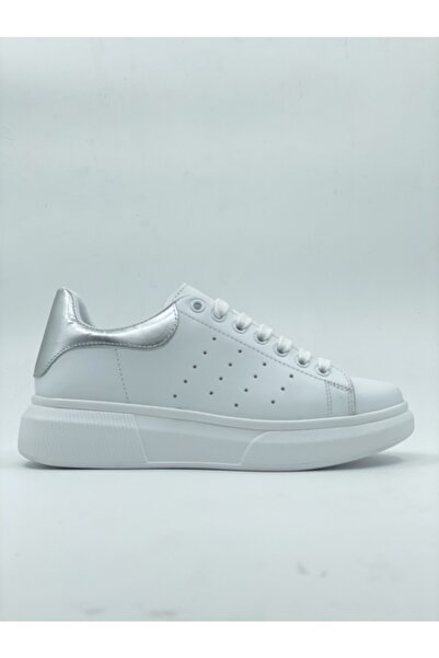 MAT Deri Women's Silver Detailed White Genuine Leather Sneakers Sneakers