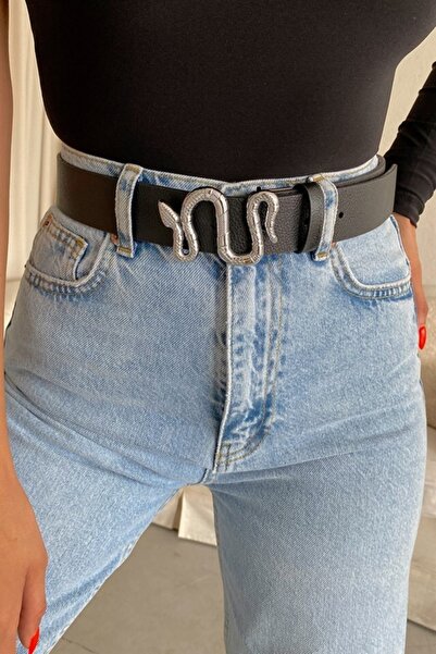 BE CHİC curea de damă cu cataramă neagră argintie cu sarpe Kmr1045