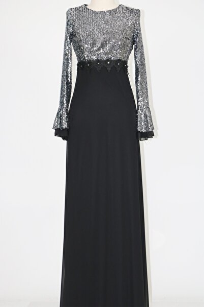 hepyen Siyah Şifonlu  Payet Elbise