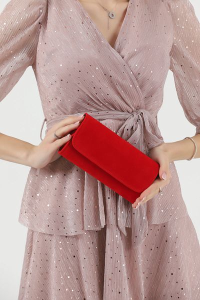 efnanstore Geanta de seara din piele intoarsa rosie