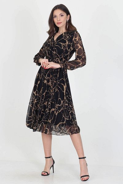 Neşeli Butik Γυναικείο φόρεμα σιφόν με φόδρα νέας σεζόν με διπλό γιακά μίντι μήκος Rssn06