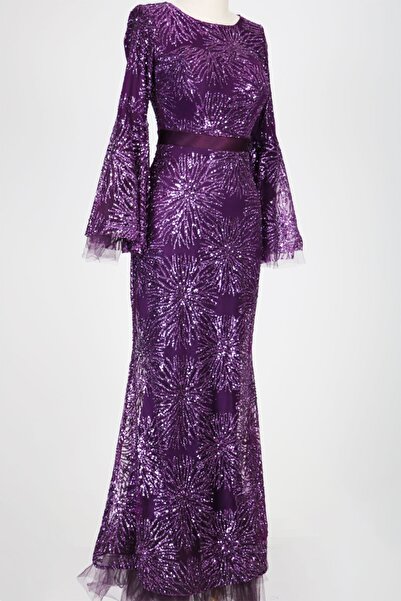 hepyen Mor Beli Saten Eteği Tül Parçalı Pullu Elbise