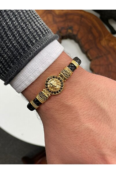 cheetah quality Aslan Figürlü Hakiki Deri Zirkon Taşlı Gold Renk Erkek Bileklik