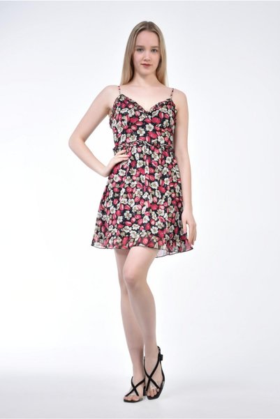 My ELİF Tekstil Multicolored Floral Ruffled Collar Strap Dress