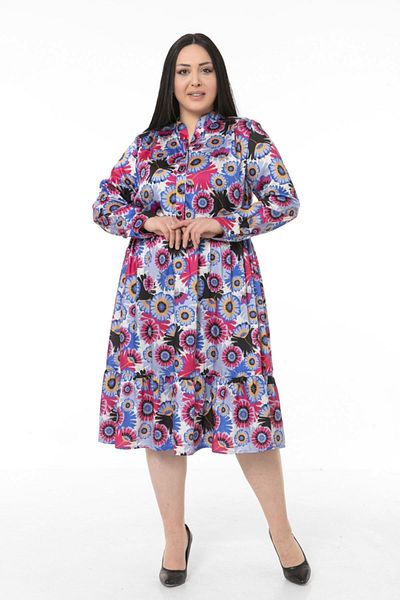 DISENTIS MODEST Rochie midi din satin albastru - guler cu talie elastică laterală, mărime mare cu halat cu volane