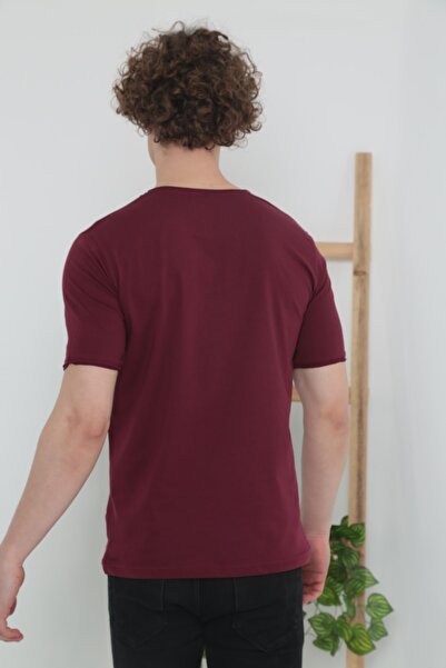 ELM WEAR Men's Burgundy Dirty Collar Pocket Casual T-shirt