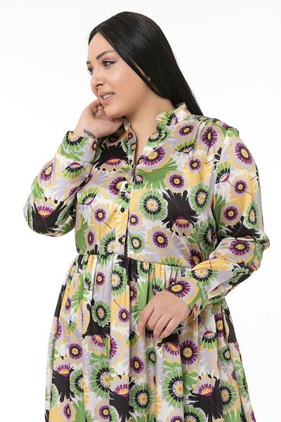 DISENTIS MODEST Plus Size Επικρατούν γιακά Πλευρά μέση Ελαστική ρόμπα βολάν σατέν πράσινο μίντι φόρεμα