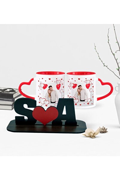 BK Kişiye Özel Sevgili Ikili Kalpli Kupa Ve Harfli Masaüstü Biblo Seti - 2