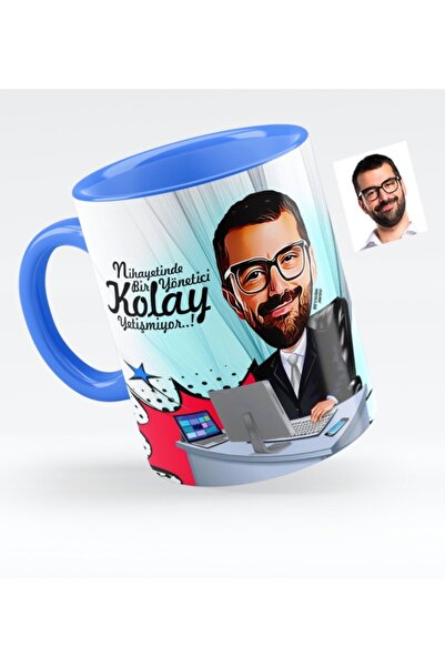 Bk Gift Kişiye Özel Bay Genel Müdür Karikatürlü Mavi Kupa Bardak - 1