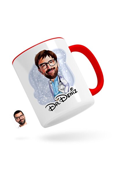 Bk Gift Kişiye Özel Erkek Doktor Karikatürlü Kırmızı Kupa Bardak-8