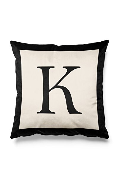 Pilloveland K Harf Figürlü Siyah Ve Bej Renkli Çift Tarafı Baskılı Kırlent Kılıfı