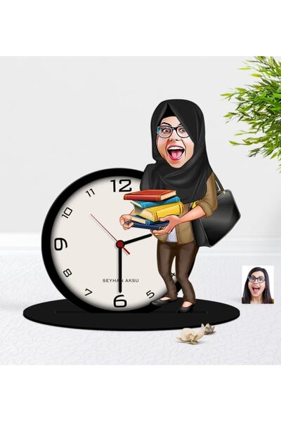 Bk Gift Kişiye Özel Öğretmen Karikatürlü Ahşap Masaüstü Biblo Saat, şık ve an...