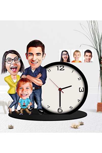 BK Kişiye Özel Aile Karikatürlü Ahşap Biblo Masa Saati-1