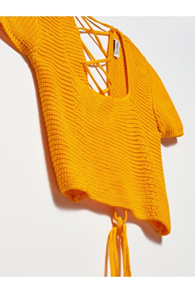 Dilvin 10164 Τετράγωνο γιακά με κορδόνι πουλόβερ με κοντό μανίκι - πορτοκαλί