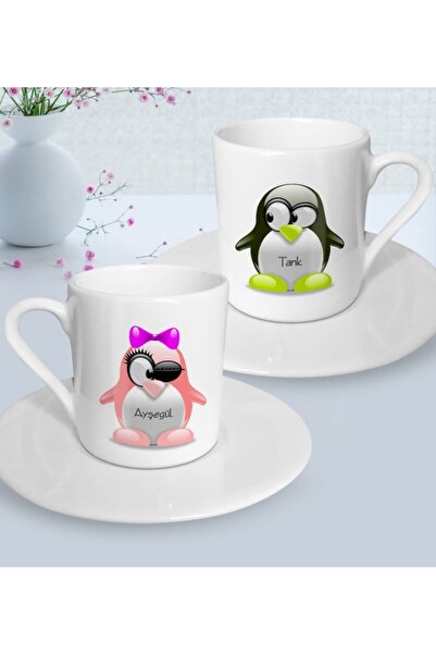 Bk Gift Kişiye Özel Ikili Penguen Çift Türk Kahvesi Fincanı Seti