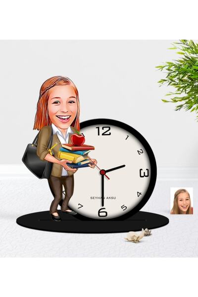 Bk Gift Kişiye Özel Bayan Öğretmen Karikatürlü Ahşap Masaüstü Biblo Saat-4