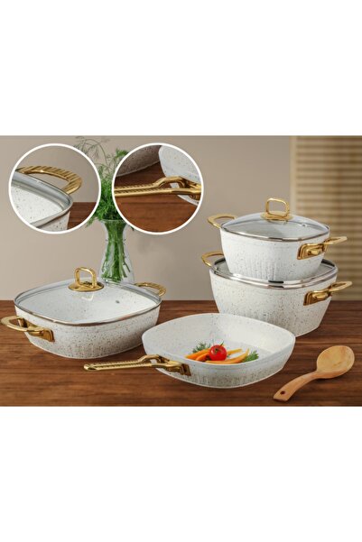 Lines Defne 7 Parça Yeni Altın Metal Kulplu Kare Granit Tencere Seti