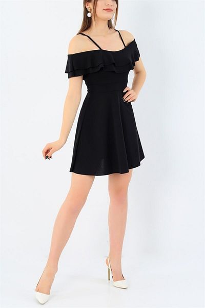 Secret Passion Lingerie Flexible Crepe Fabric Neckline with Two Layers Flounce Strap Detail Black Evening Dress Black Graduation Dress 014