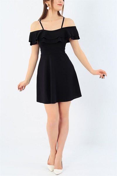 Secret Passion Lingerie Flexible Crepe Fabric Neckline with Two Layers Flounce Strap Detail Black Evening Dress Black Graduation Dress 014