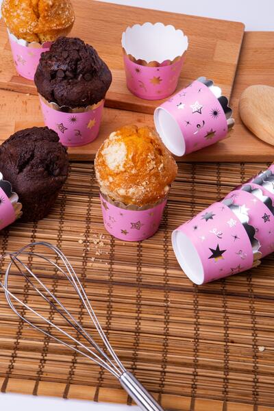 Huzur Party Store Silver Gilded Pink 12-Piece Cake Mold Star Confetti Detailed 6.5x5 cm Muffin That Does Not Disintegrate in the Oven