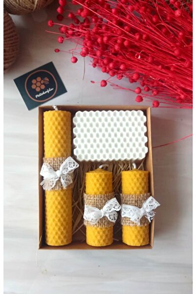 Petekoğlu Bal Mumu Mum Doğal Petek Ballı Sabun Hediye Seti Balmumu Mum Jüt Ve Kurdele