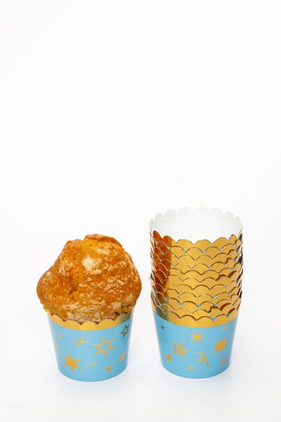 Huzur Party Store Gold Gilded Blue 12-Piece Cake Mold Star Confetti Detailed 6.5x5 Cm Muffin That Does Not Scatter in the Oven