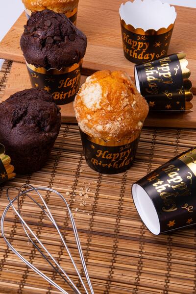 Huzur Party Store Gold Gilded Black 12-Piece Cake Mold Happy Birthday Written 6.5x5 Cm Muffin That Does Not Disintegrate in the Oven
