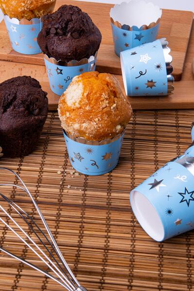 Huzur Party Store Silver Gilded Blue 12-Piece Cake Mold Star Confetti Detailed 6.5x5 Cm Muffin That Does Not Disintegrate in the Oven