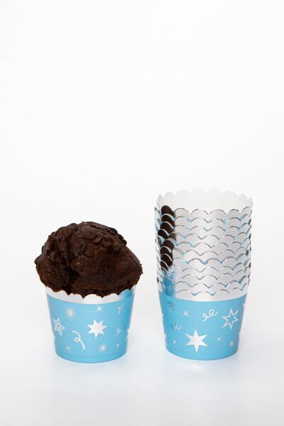 Huzur Party Store Silver Gilded Blue 12-Piece Cake Mold Star Confetti Detailed 6.5x5 Cm Muffin That Does Not Disintegrate in the Oven