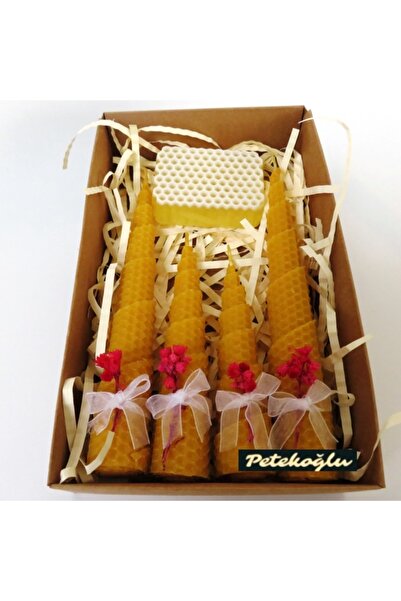 Petekoğlu Balmumu Mum Doğal Petek Özel Kraft-asetat Kutusunda Hediyelik Piramit Gerçek Bal Katkılı Ballı Sabun