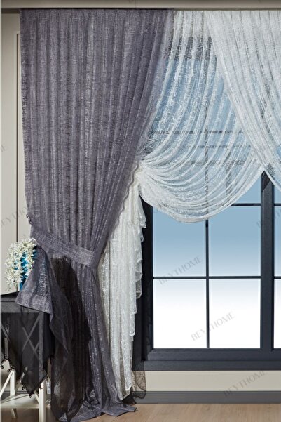 Beythome Gri Mozaik Bağcıklı Tül Fon Perde 2 Kanat