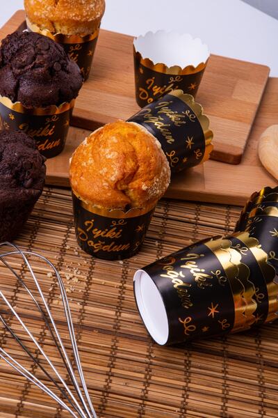 Huzur Party Store Gold Gilded Black 12-Piece Cake Mold Happy Birthday Written 6.5x5 Cm Muffin Cupcake That Does Not Disintegrate in the Oven