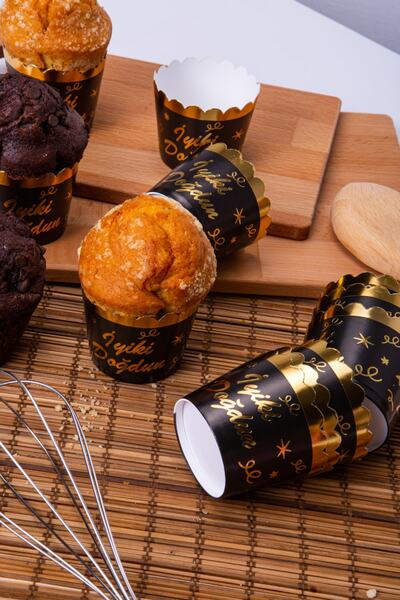 Huzur Party Store Gold Gilded Black 12-Piece Cake Mold Happy Birthday Written 6.5x5 Cm Muffin Cupcake That Does Not Disintegrate in the Oven