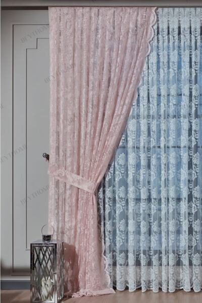 Beythome Toz Pembe Damask Bağcıklı Tül Fon Perde 2 Kanat