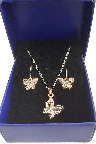BİJUTERİ EVİ Butterfly Figure Zircon Stone Gold Color Necklace and Butterfly Earring Combination - Combination 22