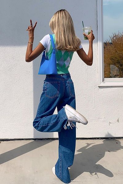 Trn JNS Blue Anii 90 Medium Blue Inchis Lycra Pantaloni Palazzo Loose Jeans cu talie super extra inalta