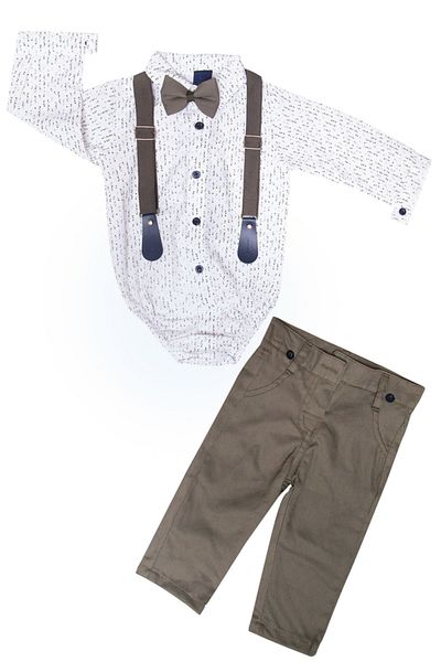 Mika Bebek & Çocuk Slim Fit Baby Boy Khaki Trousers Shirt Bow Tie Salopette Set