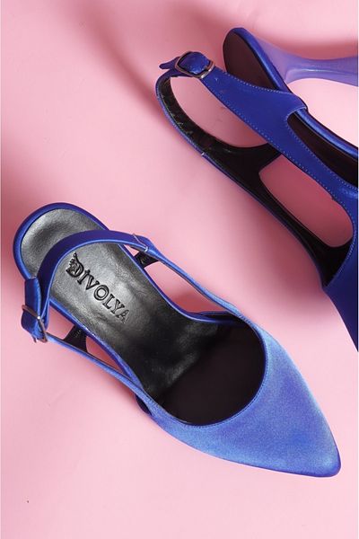 DİVOLYA Women's Saks Blue Satin Open-Side Heeled Shoes